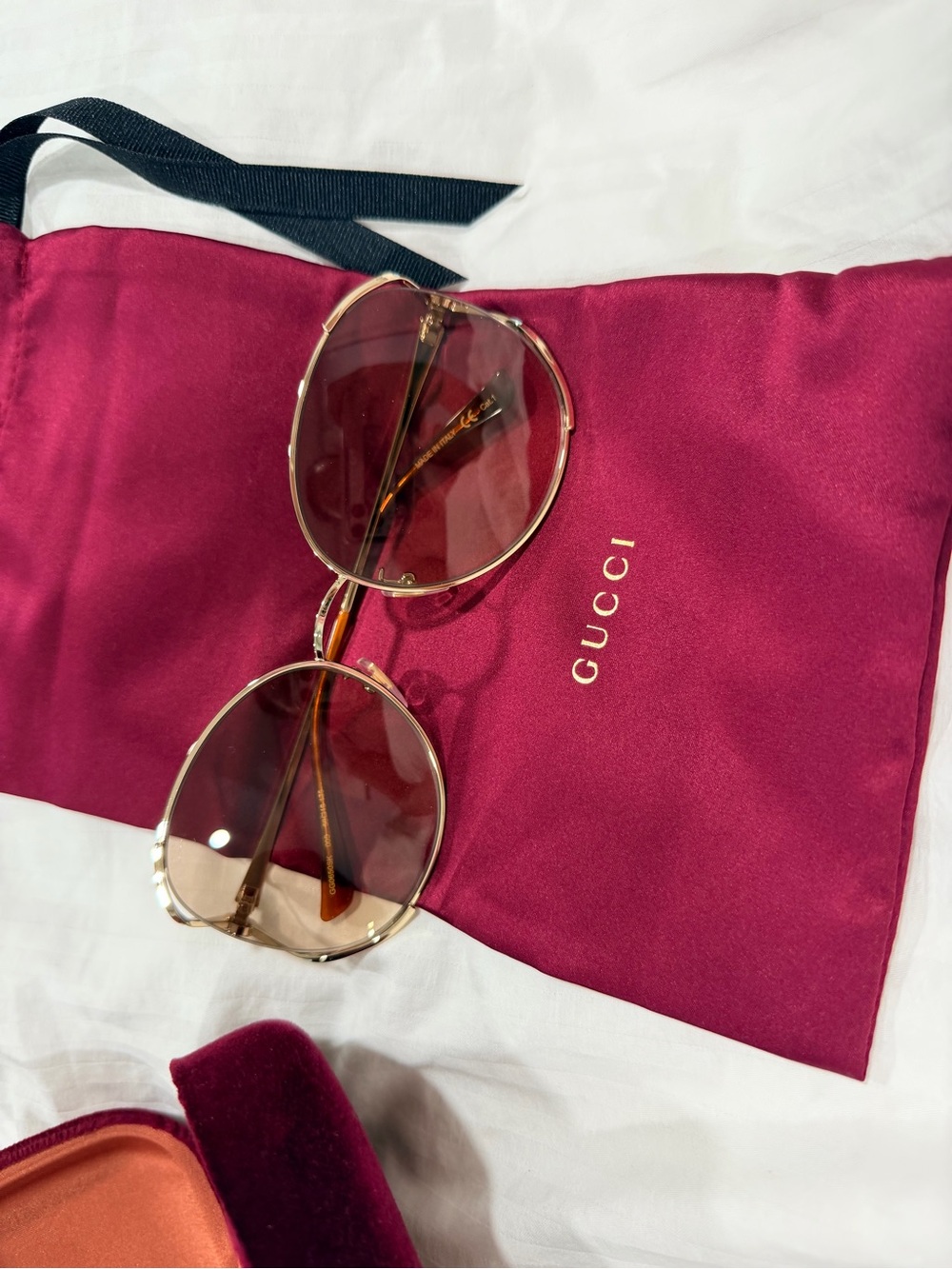 Gucci Gold Frame Sunglasses with Tortoiseshell Temples and Brown Lenses